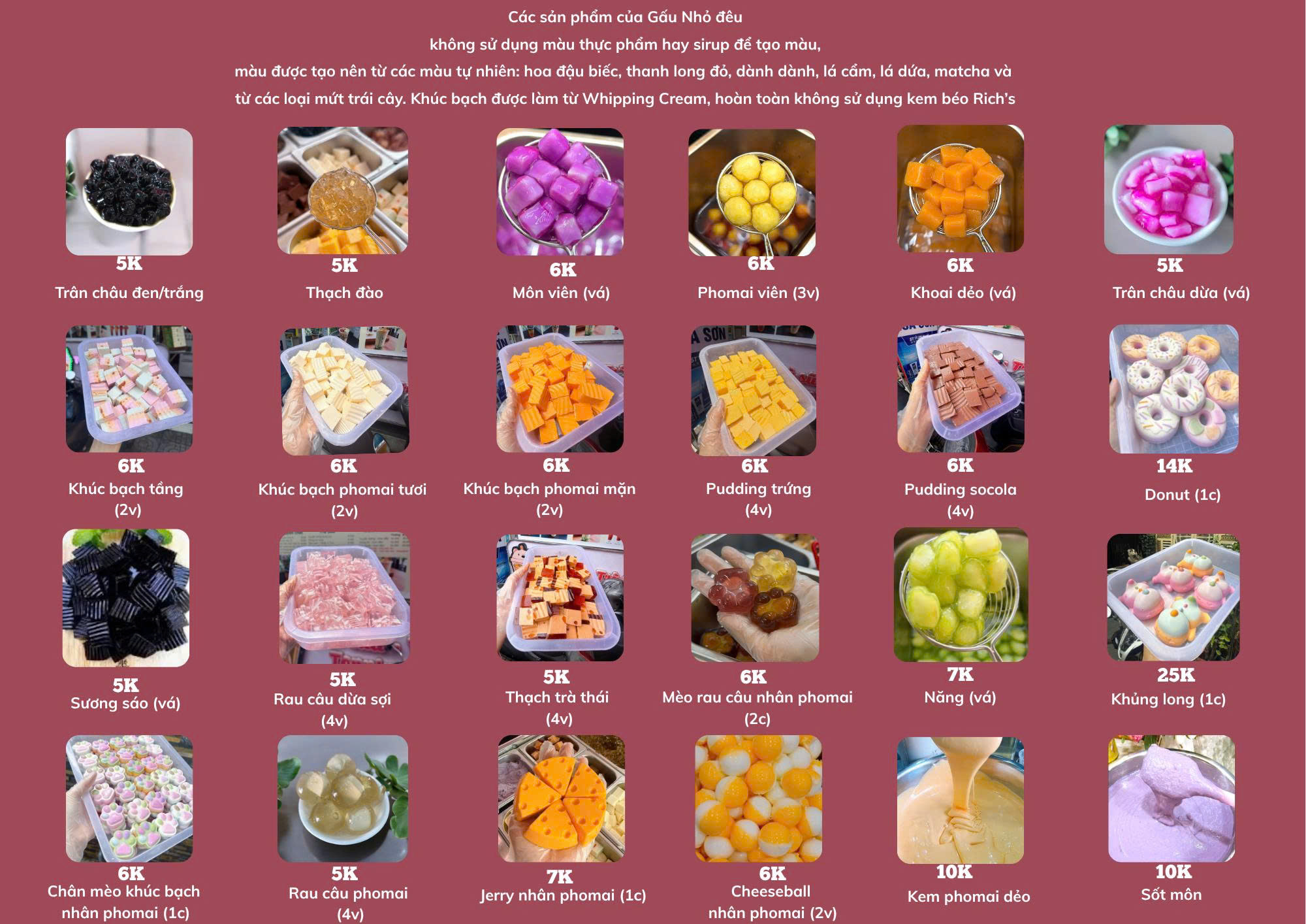 Bảng giá topping Tiệm Trà Gấu Nhỏ